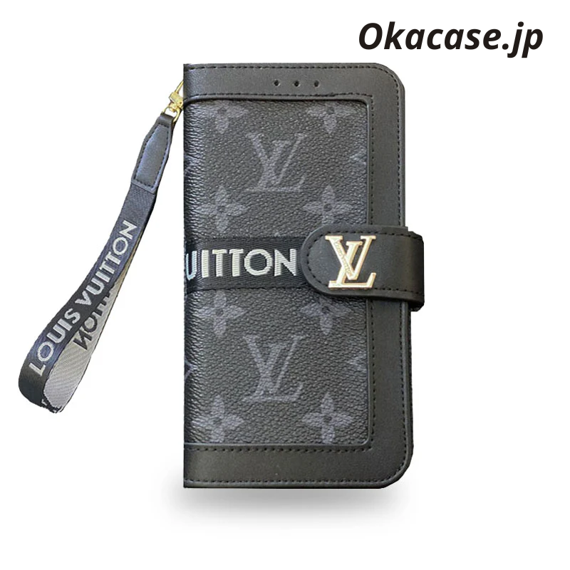 Monogram Leather Wallet-Style iPhone Case, Black Print (Card Slots & Strap Included/Big Print) - OKLB002