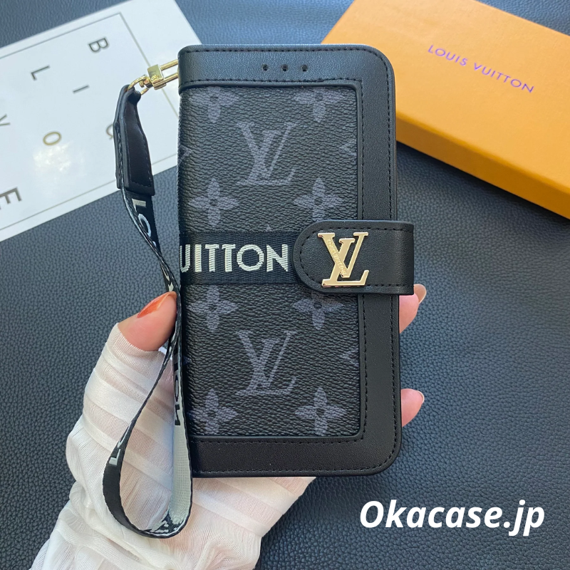 Monogram Leather Wallet-Style iPhone Case, Black Print (Card Slots & Strap Included/Big Print) - OKLB002