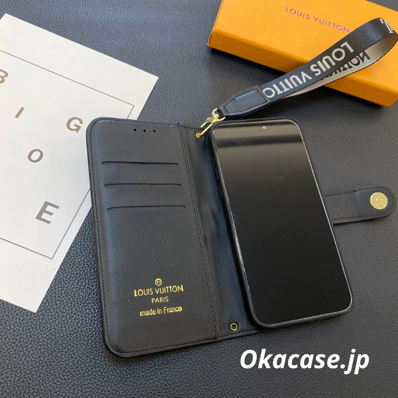 Monogram Leather Wallet-Style iPhone Case, Black Print (Card Slots & Strap Included/Big Print) - OKLB002