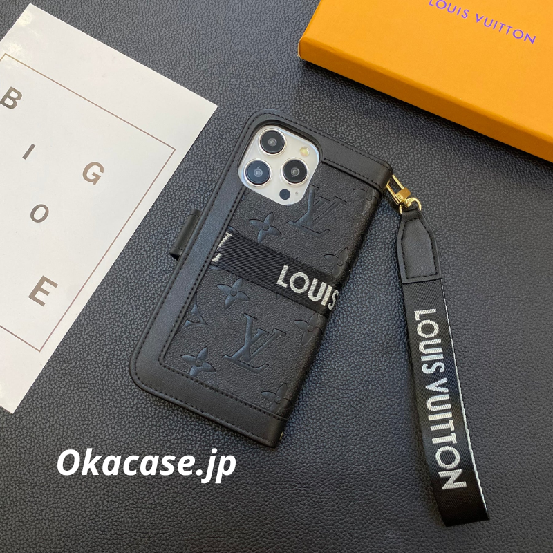 Monogram Leather Wallet-Style iPhone Case, Black Print (Card Slots & Strap Included/Big Print) - OKLB002