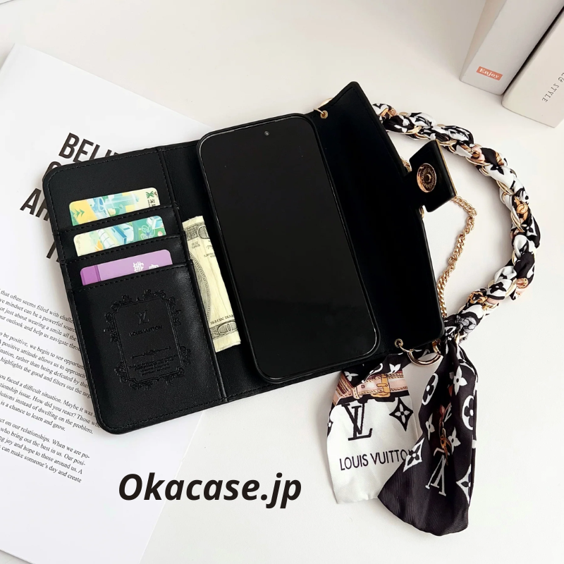 Premium Leather Folio Monogram iPhone Case with Wallet and Strap - OKMTY003