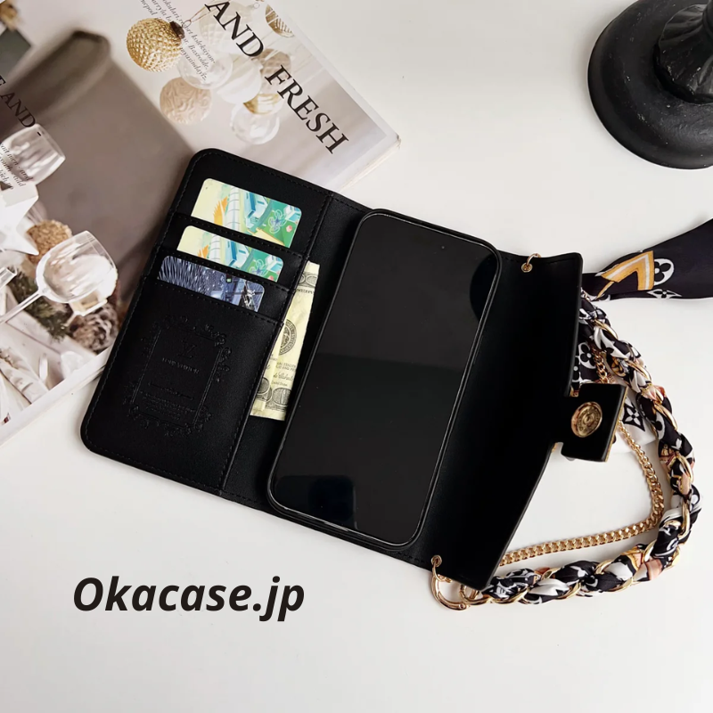 Luxury Leather Folio Monogram iPhone Case with Card Holder and Strap - OKMTY004